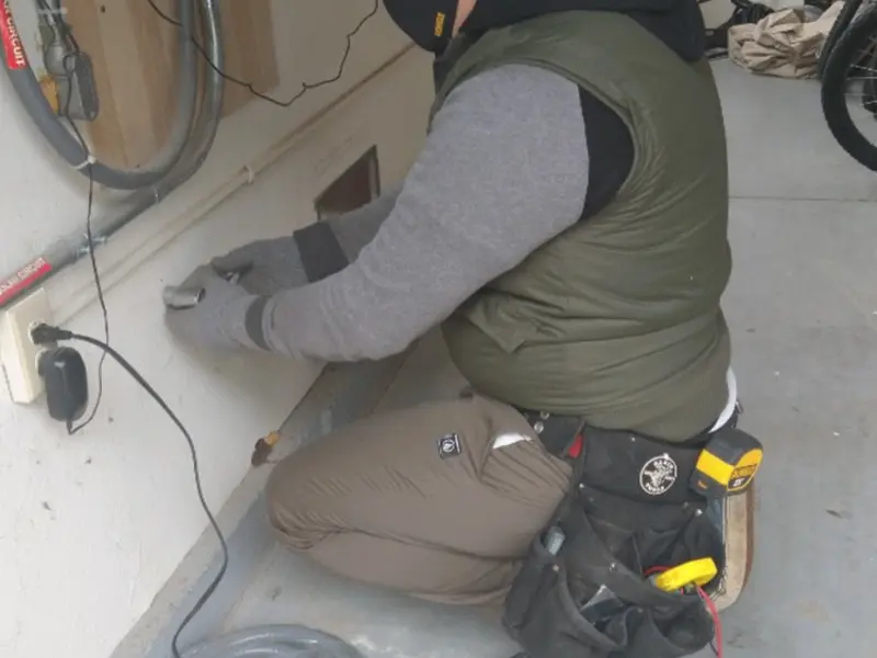 Electrician performing outlet wiring in a Robbinsville garage